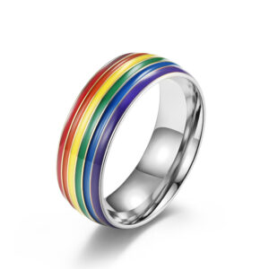 Bague Pride arc-en-ciel argentée en acier inoxydable