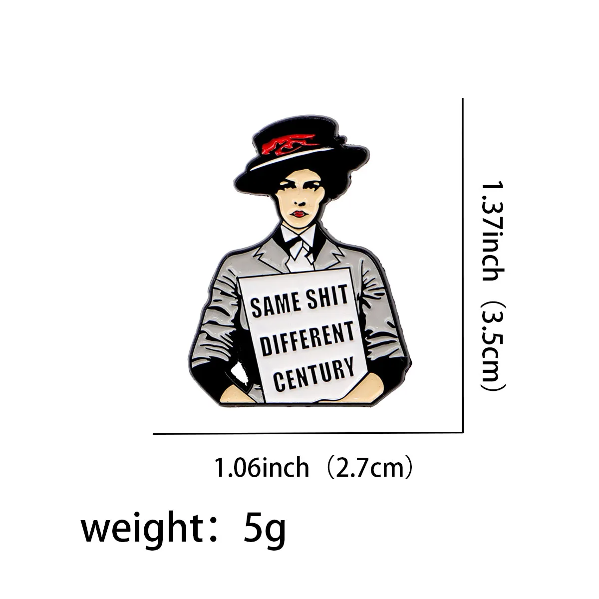 Dimensions du pin’s féministe 3,5 par 2,7 cm